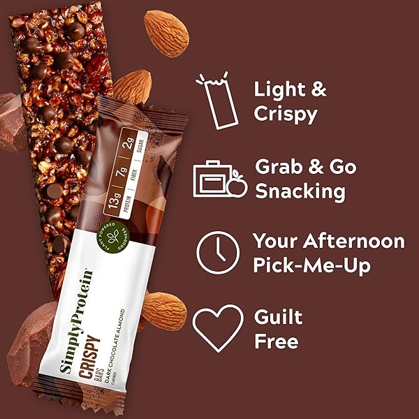 SIMPLY PROTEIN – DARK CHOCOLATE ALMOND CRISPY BARS – PLANT BASED PROTEIN BARS – LOW CARB, LOW SUGAR, HIGH FIBER – 13G PROTEIN, 2G SUGAR, 7G FIBER – VEGAN, GLUTEN FREE, NON GMO, KOSHER – 8 BARS