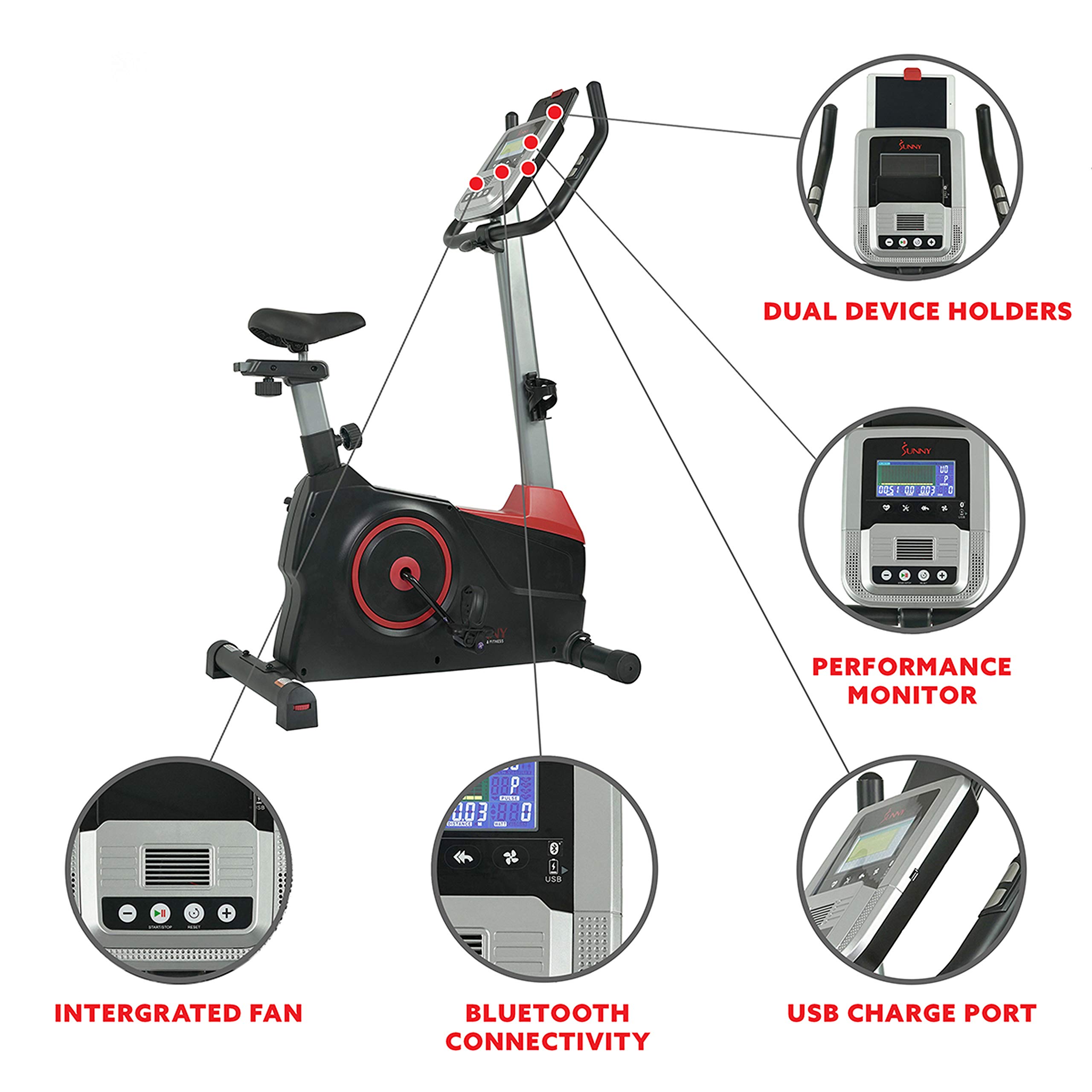 Sunny Health & Fitness Evo-Fit Stationary Upright Bike with 24 Level Electro-Magnetic Resistance - SF-B2969 Black/Red