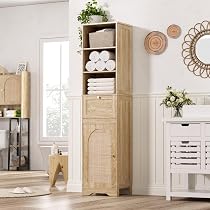 RUSTOWN Rattan Over-The-Toilet Storage Cabinet - Boho Style Bathroom Organizer With 2 Doors, Adjustable Shelves, Toilet Paper Holder