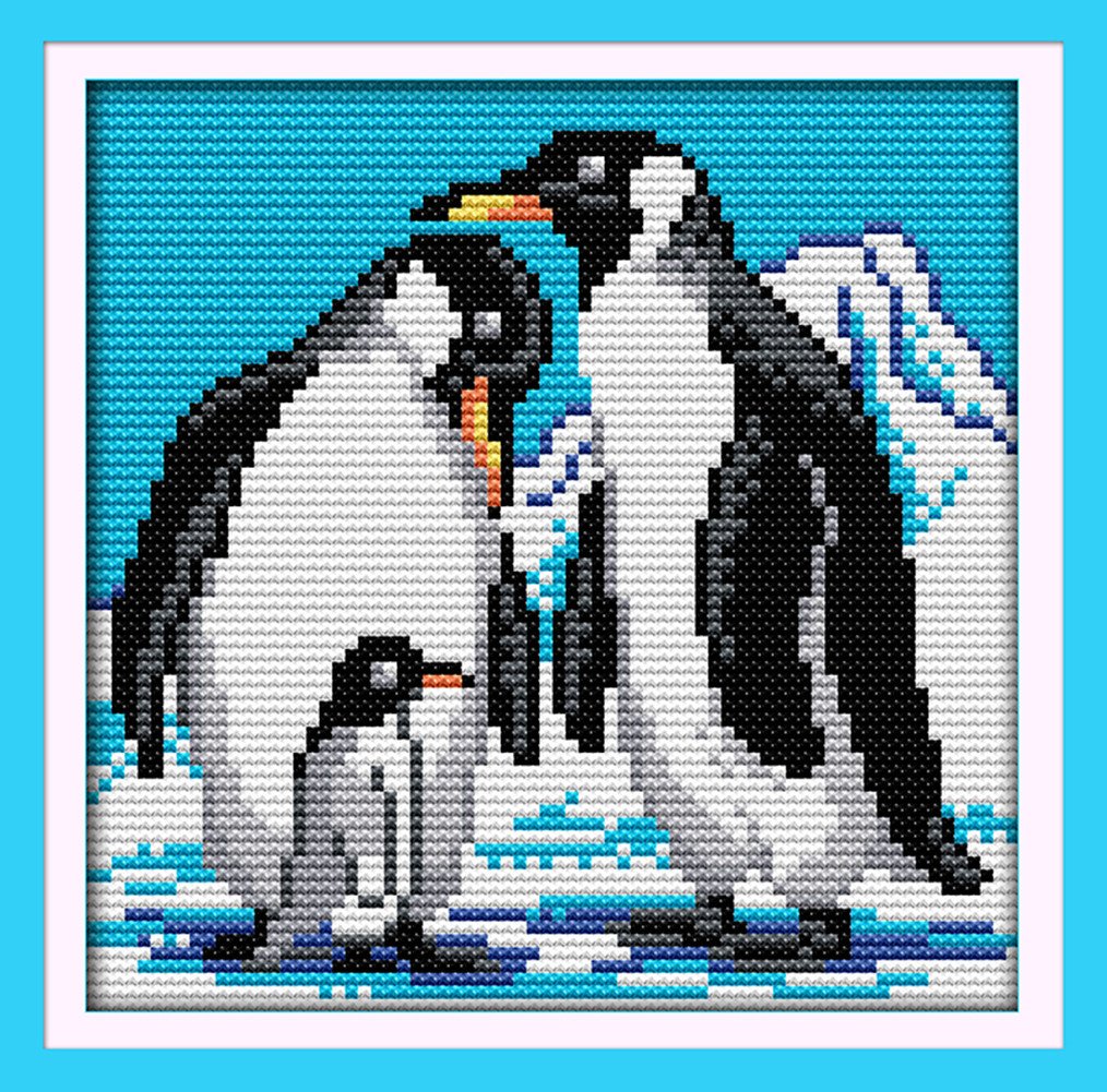 CaptainCrafts Cross Stitch Kits Counted Cross Stitch Unpreprinted Fabric DIY Art Embroidery Kits Needlework Crafts (Unpreprinted 14CT, Penguin Family)