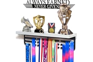 TL TONLOK Trophy and Medal Display Shelf, Medal Holder Display with Wooden Trophy Shelf, Medal Hanger Display, Race Medal Rack Always Earned Never Given with 50+Easy to Install (White)