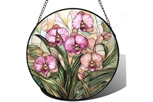 AMDERVEN Stained Glass Window Hanging - Pink Phalaenopsis Orchid Green Leaves Sun Catcher for Door Home Decor Flower Suncatcher Christmas Mother's Day Birthday Gifts for Women Men Mom Nana 7.8 in