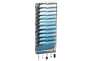 SUPEASY 13-Tier Wall File Organizer, Wall File Holder with Hooks, Mesh Hanging File Organizer, Mail Organizer Wall Mounted for Papers, Folders, Office Magazine Rack, Assembly Needed, Black
