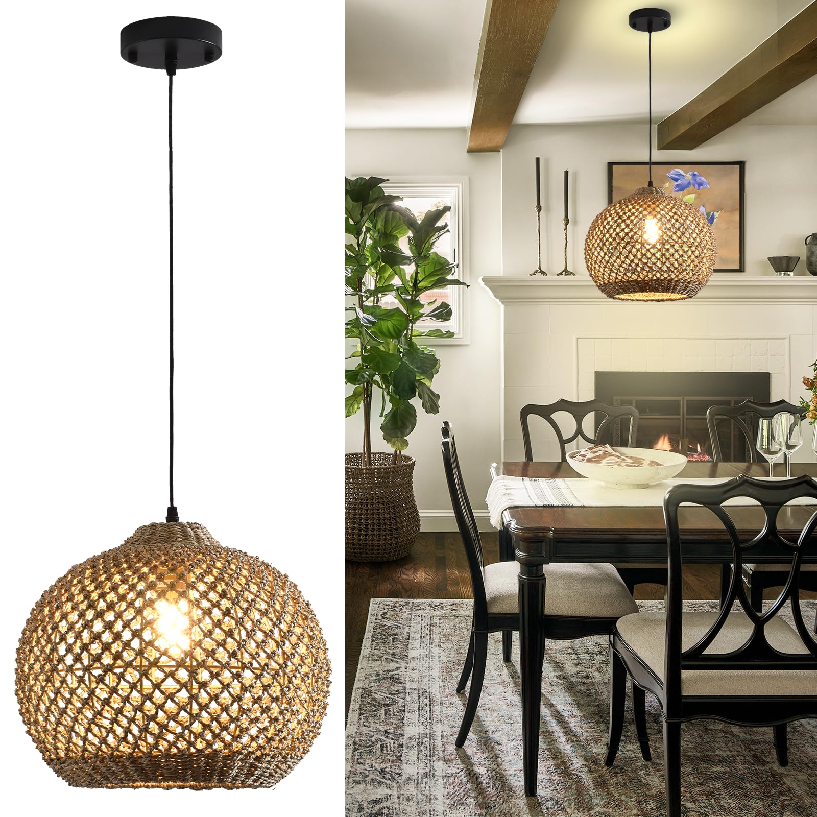 Photo 1 of LHJIHFU Rattan Pendant Light Fixture,13.79" Boho Rattan Kitchen Island Seagrass Lighting, Hand Woven Coastal Wicker Chandelier,for Farmhouse Dining Room Entryway Foyer 1-Light