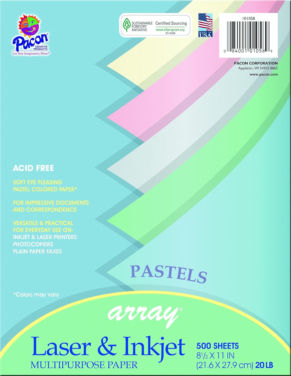 Pacon Assorted Pastel Multi-Purpose Paper, 8.5-in. x 11-in., 500 Sheets (101058) : Multipurpose Paper : Office Products