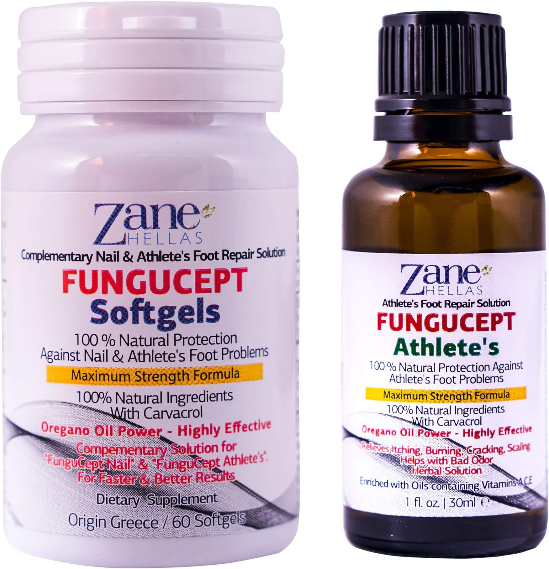 Zane Hellas FunguCept Advanced. Athlete’s Repair Solution. Relieves Itching, Burning, Cracking, Scaling. Stop Bad Odor. Visible Results in 5 Days. 1 fl. oz - 30 ml and 60 Softgels.