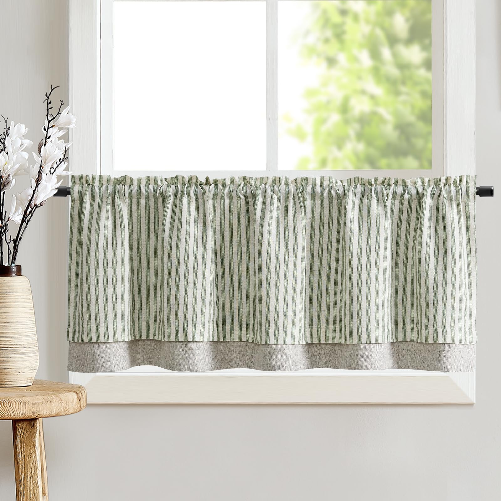 TOPICK Striped Short Kitchen Curtains 18 Inch Drop Small Cafe Curtains Blackout Double Layer Curtain Valance for Sink Living Room Cupboard Rod pocket 1 Panel Green on Beige