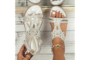Dbzhuyn Flat Sandals for Women Dressy,Sandals Women Dressy Summer Flat Women's Rhinestone Beaded Flower Bohemia Low Heeled Sandals Fashion Comfortable Crystal Beach Sandals Flat Shoes