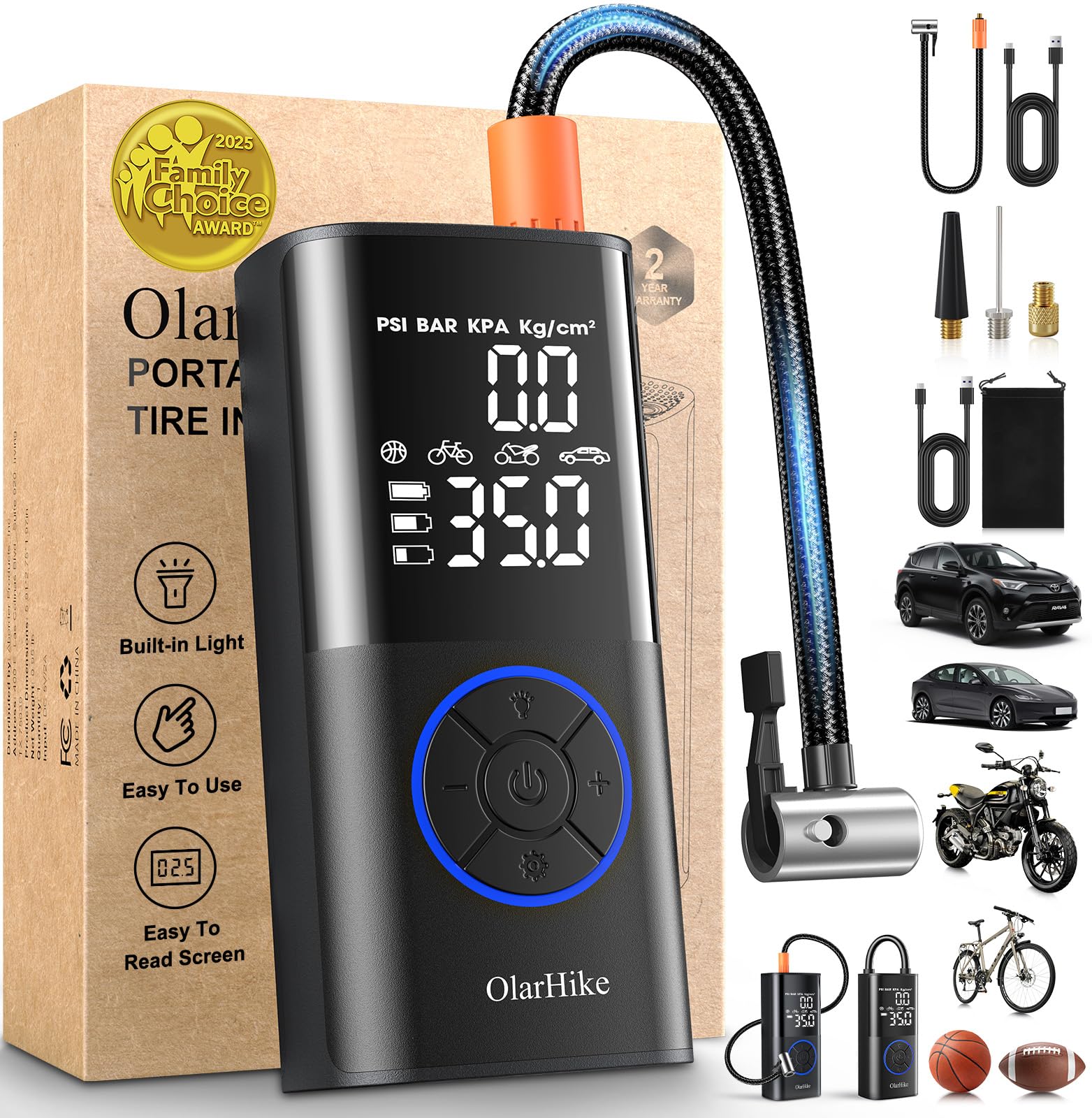 Photo 1 of OlarHike Tire Inflator Portable Air Compressor, Smart Dual Hose System, 160PSI Auto Air Pump for Car Tires, Bike,Bicycle, Motorcycles,Electric Pump with LED Light & Digital Pressure Gauge