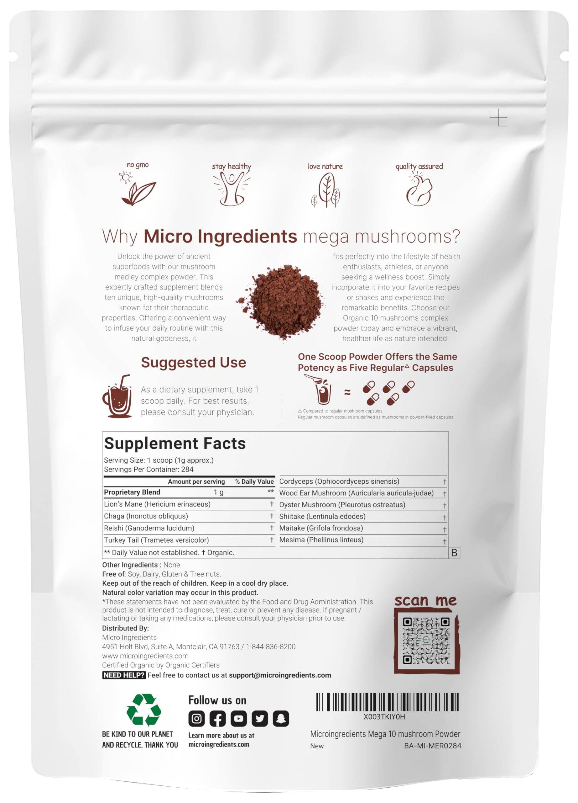 Micro Ingredients Organic Mega Mushroom Powder,10 Ounce (284 Days Supply) | 10 in 1 Complex Formula for Immune System Booster | Chaga, Lions Mane, Cordyceps, Reishi & More | Filler Free, Vegan