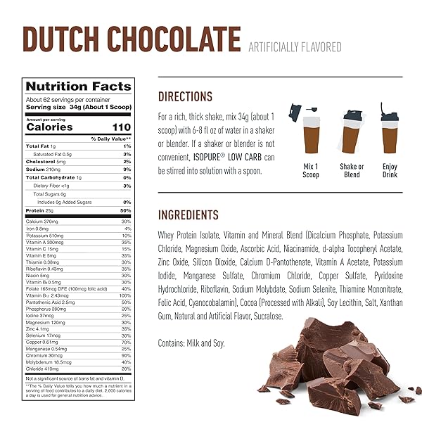 ISOPURE LOW CARB 100% PURE WHEY ISOLATE PROTEIN POWDER, LACTOSE FREE, GLUTEN FREE, WITH VITAMINS, DUTCH CHOCOLATE, 25G PROTEIN PER SERVING, 4.5 LBS, 62 SERVINGS (PACKAGING MAY VARY)