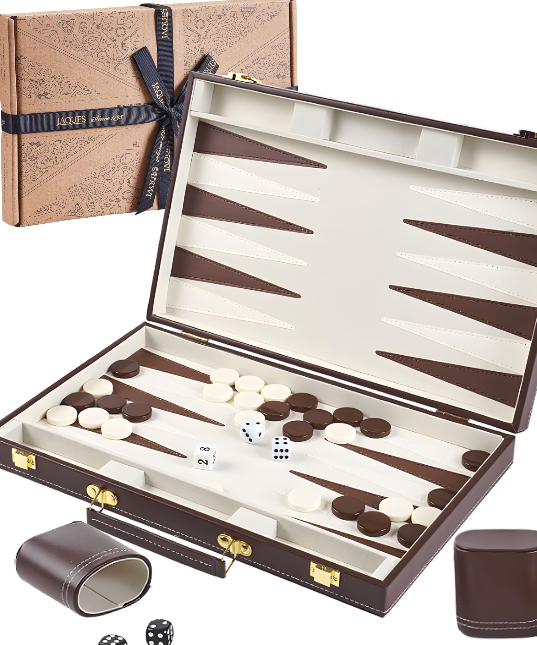 Jaques of London 15" Backgammon Set | Luxury Traditional Games with Premium Box | Brown Leatherette Folding Case for Travel Backgammon | Classic Board Game for Adults & Families | Since 1795