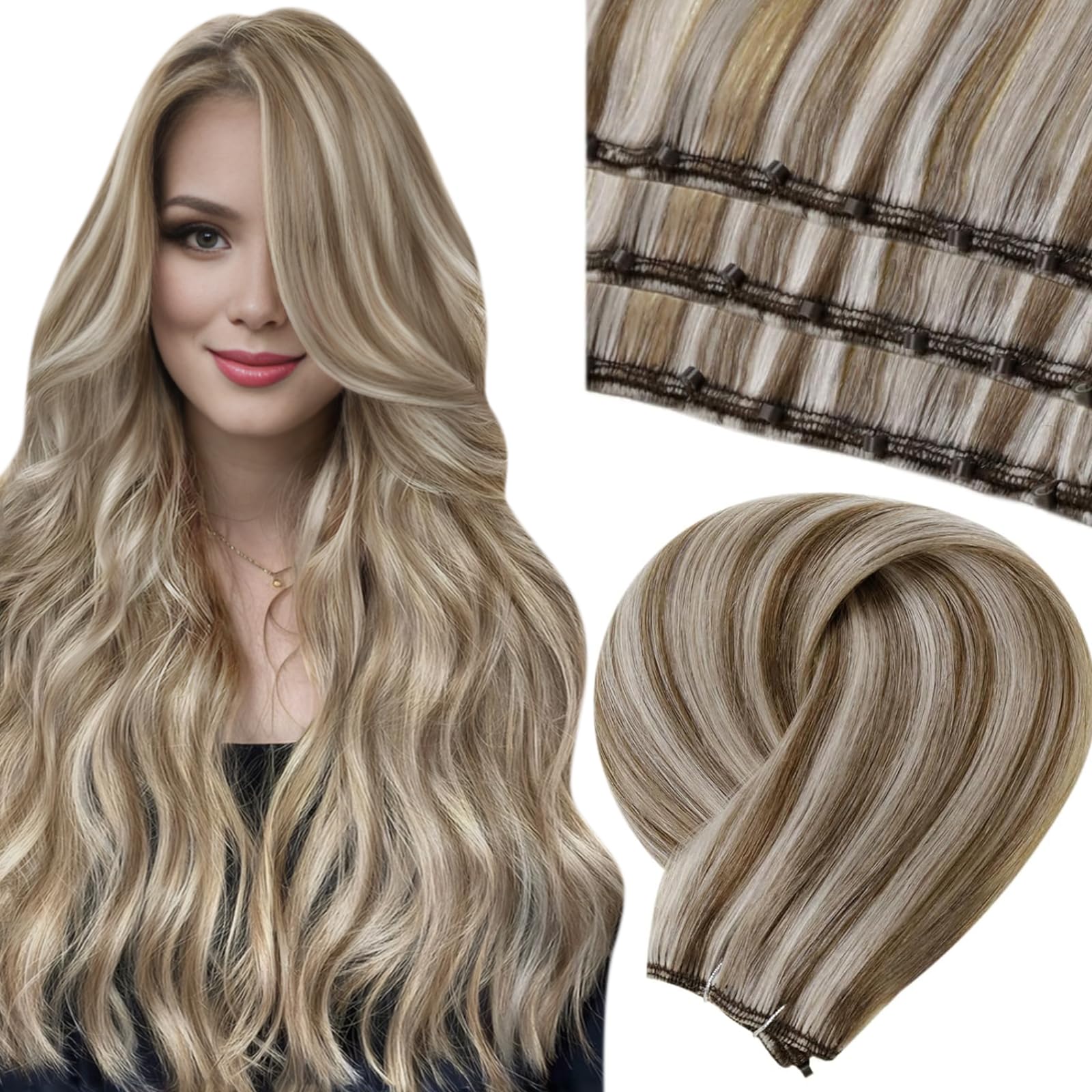 LaaVoo Beaded Weft Hair Extensions Human Hair Micro Beaded Hair Extensions Blonde Human Hair Light Brown Blonde Highlights 16inch 50g — image 1