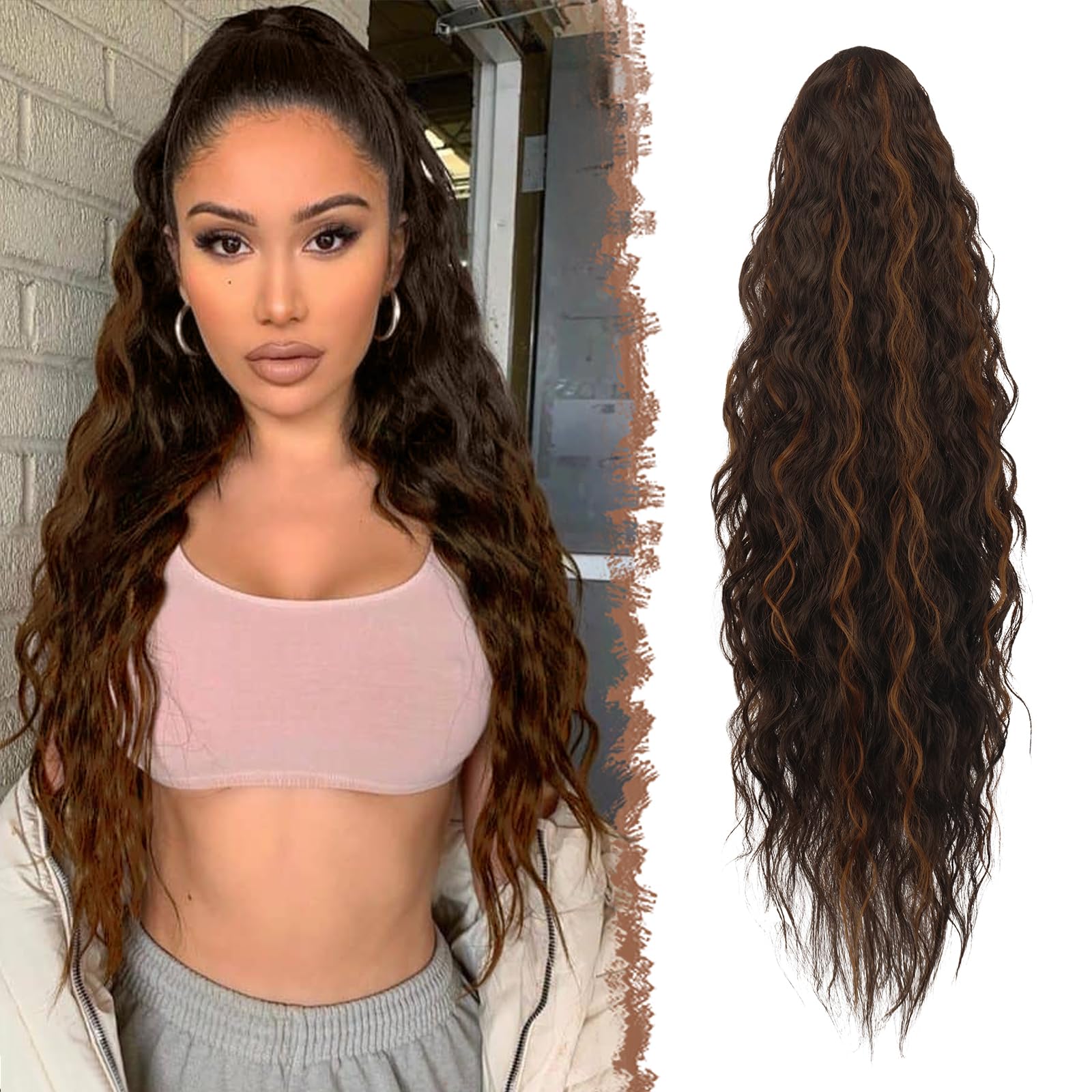 FESHFEN Long Curly Wavy Drawstring Ponytail Extensions Clip in Wavy Synthetic Hairpieces Dark Brown and Light Auburn Drawstring Ponytail Curly Hair Piece Pony Tail Extension for Women, 26 inch — image 1