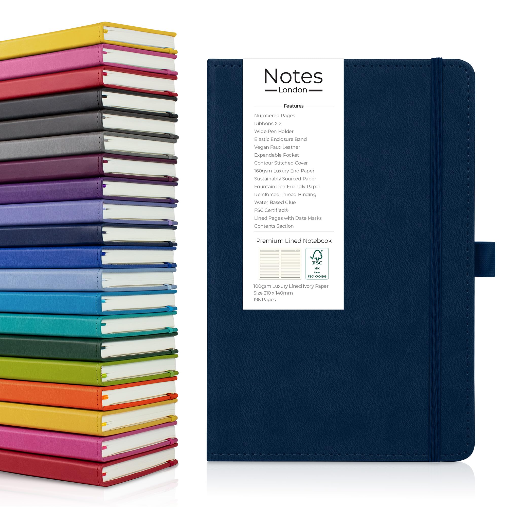 Notes London Luxury Italian style A5 Notebook with Stitched Hardcover, 100gsm Lined Numbered & Date Marked Pages, 2x Ribbons, Pen Loop, Contents Page, Paper Pocket, Medium Journal, Sustainable (Navy)