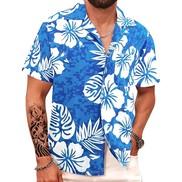 Weecreeture Men's Tropical Floral Hawaiian Shirt - Short Sleeve Casual Beach Shirt, Santa Blue, XX-Large