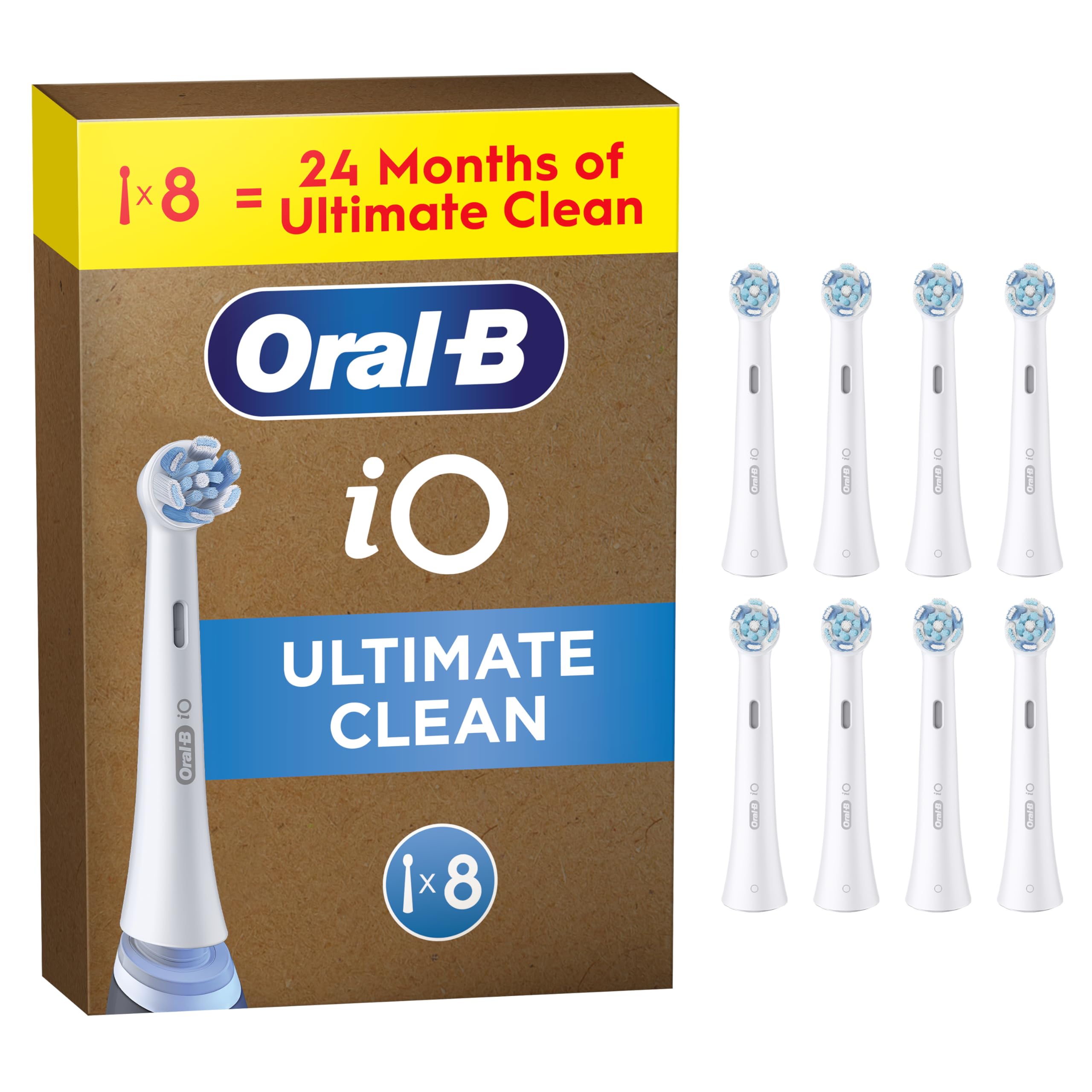Oral-B iO Ultimate Clean ORIGINAL Electric Toothbrush Head, Oral B Electric Toothbrush Heads, Twisted & Angled Bristles for Deeper Plaque Removal, Pack of 8, Suitable for Mailbox, White
