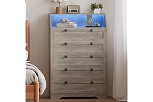Wodeer Grey Dresser Tall 5 Drawer Dresser for Bedroom, Wood Chest of Drawers with LED Lights, Charging Station, Metal Handles, Modern Storage Cabinet and Organizer Drawers for Living Room, Hallway