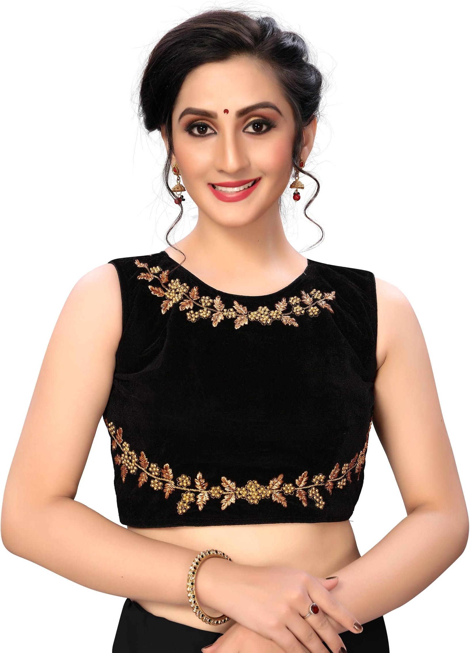 Fab Dadu Women's Velvet Black Blouse With Round Neck (BL-20049-Black)_Free_Size