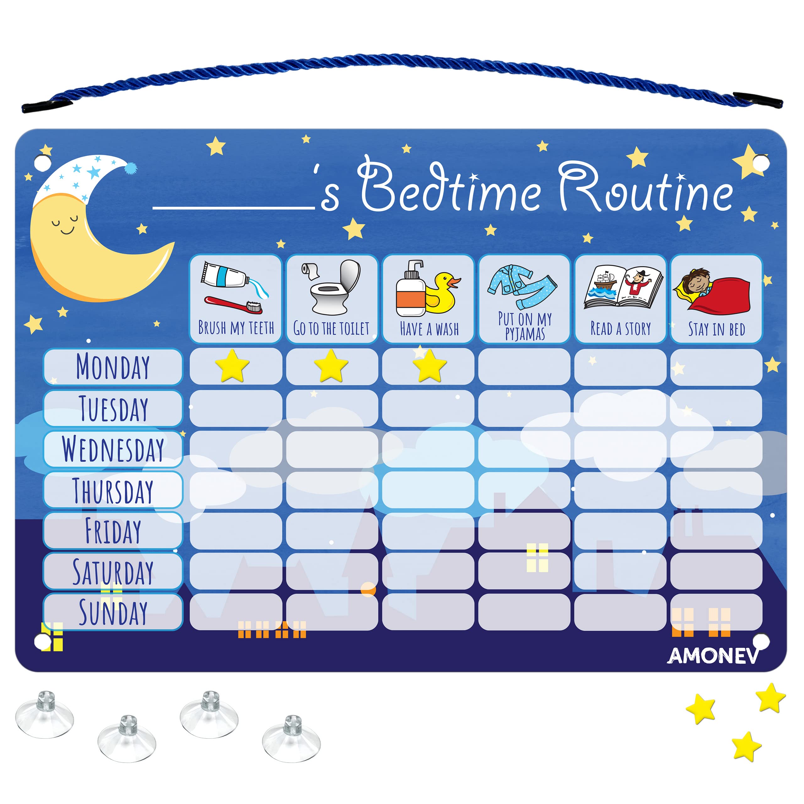 Amonev Children's Magnetic Bedtime Routine Reward Chart. Magnetic Sticker Chart. Reusable Wall Chart (Blue)