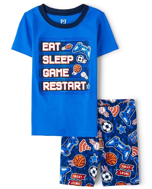 The Children's Place,Short Sleeve Top and Shorts Snug Fit 100% Cotton 2 Piece Pajama Set,Black,6