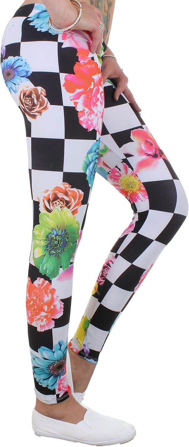Black Denim Damen Leggings mit Blumenmuster OneSize Karo Amazon.de