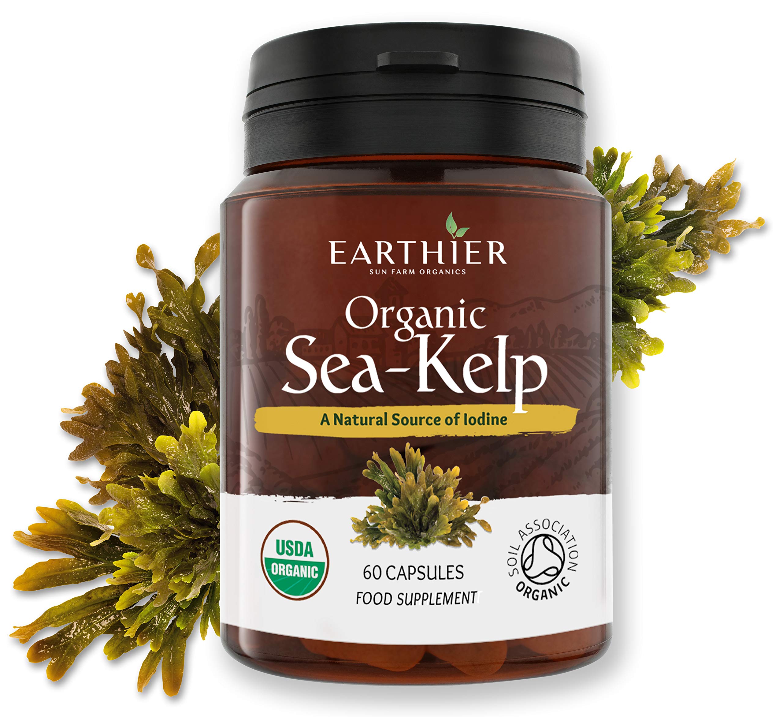 Certified Organic Iodine from 500mg Sea Kelp Giving 385mcg Iodine per Capsule 256% RDA Contributes to Normal Thyroid Function