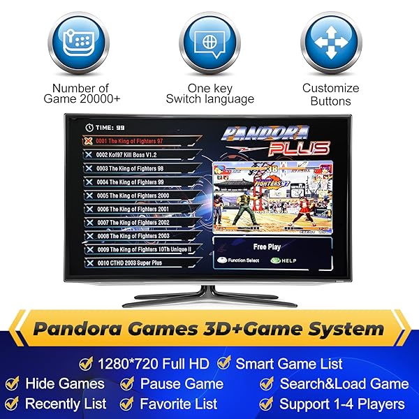 AKAXI PANDORA BOX CONSOLE 32000 ARCADE GAMES IN 1,RETRO GAME MACHINE FOR TV PC PROJECTOR, SUPPORTS UP TO 4 PLAYERS, FULL HD OUTPUT, SEARCH, SAVE, HIDE, FAVORITES LIST