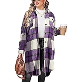 IN'VOLAND Womens Plus Size Flannel Plaid Shirts Long Sleeve Lounge Lapel Boyfriend Button Down Tartan Long Jacket Coats