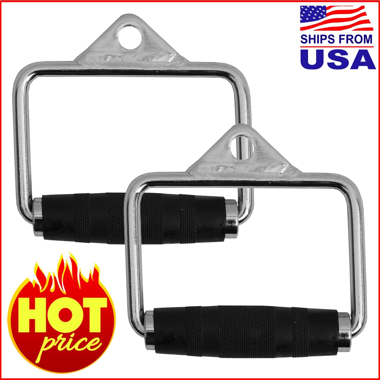 FITNESS MANIAC Heavy Duty Steel Grip Stirrup Cable Metal Silver D Handle Home Gym Crossover Cable Attachments Machine Bar Workout Training (Shipping from USA)