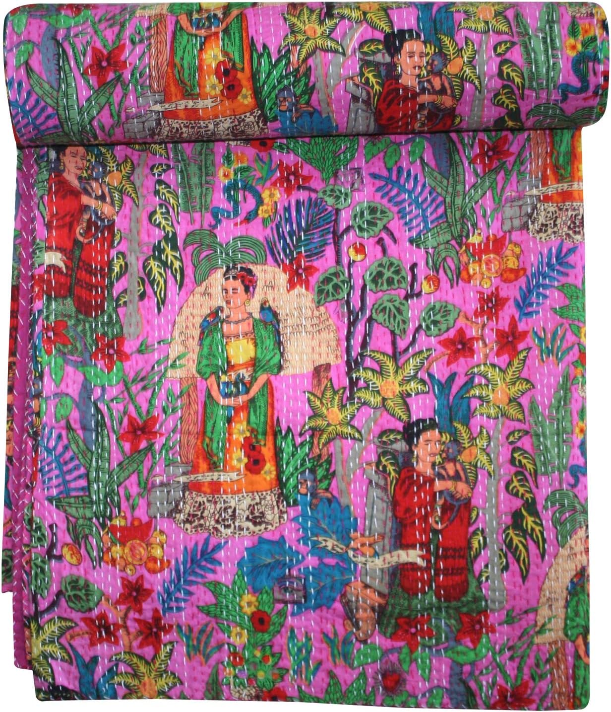 thehandicraftworld, Farida Kahlo Mexican Queen Painter Paint Kantha Quilt Blanket Bedspread Throw
