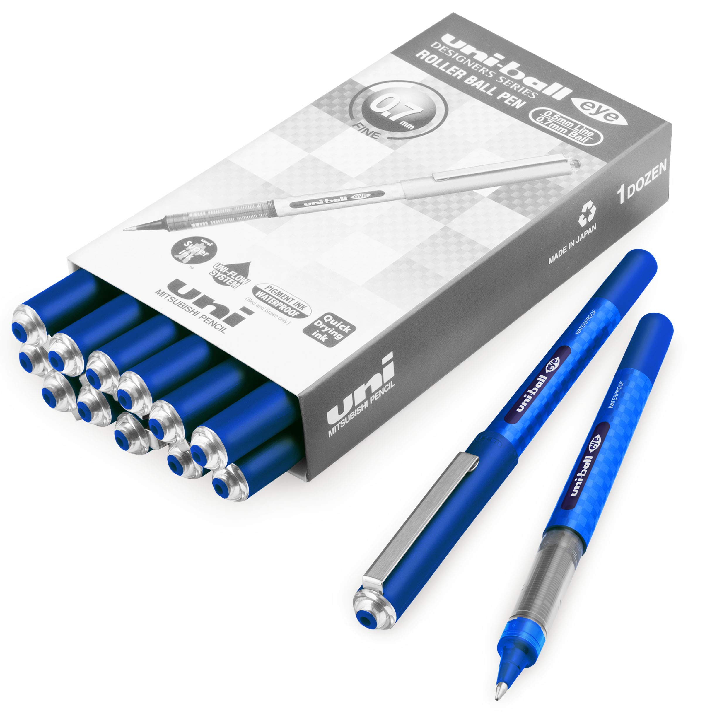 Uni-Ball Eye UB-157D Designer Liquid Ink Rollerball Pen – 0.7mm Nib – Blue - Pack of 12 + 2