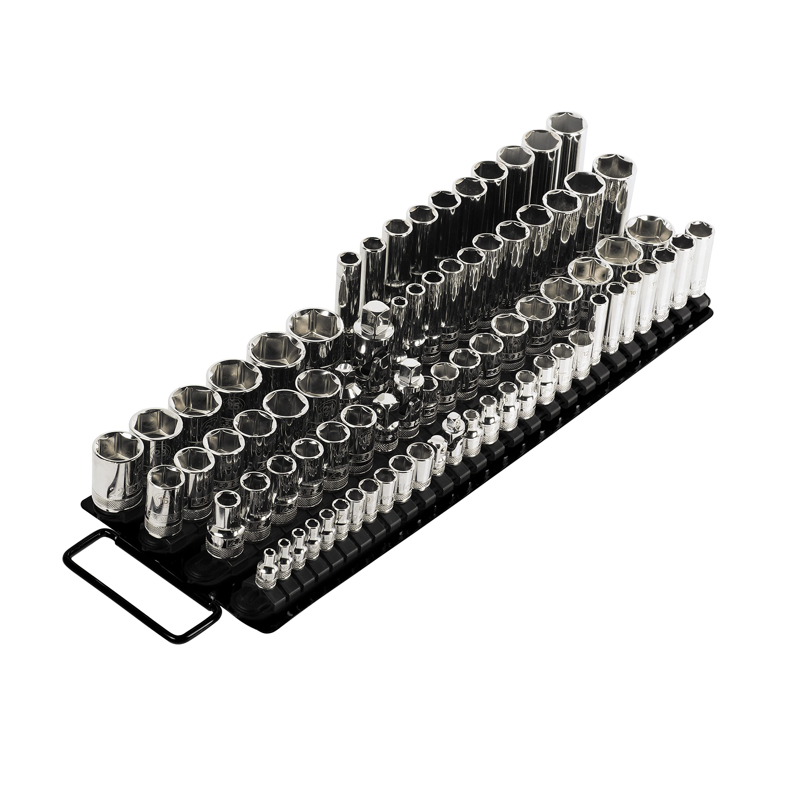 ARES 60038 - Black 80-Piece Socket Organizer - 1/4-Inch, 3/8-Inch, and 1/2-Inch Drive Socket Rails Hold 80 Sockets and Keep Your Tool Box Organized