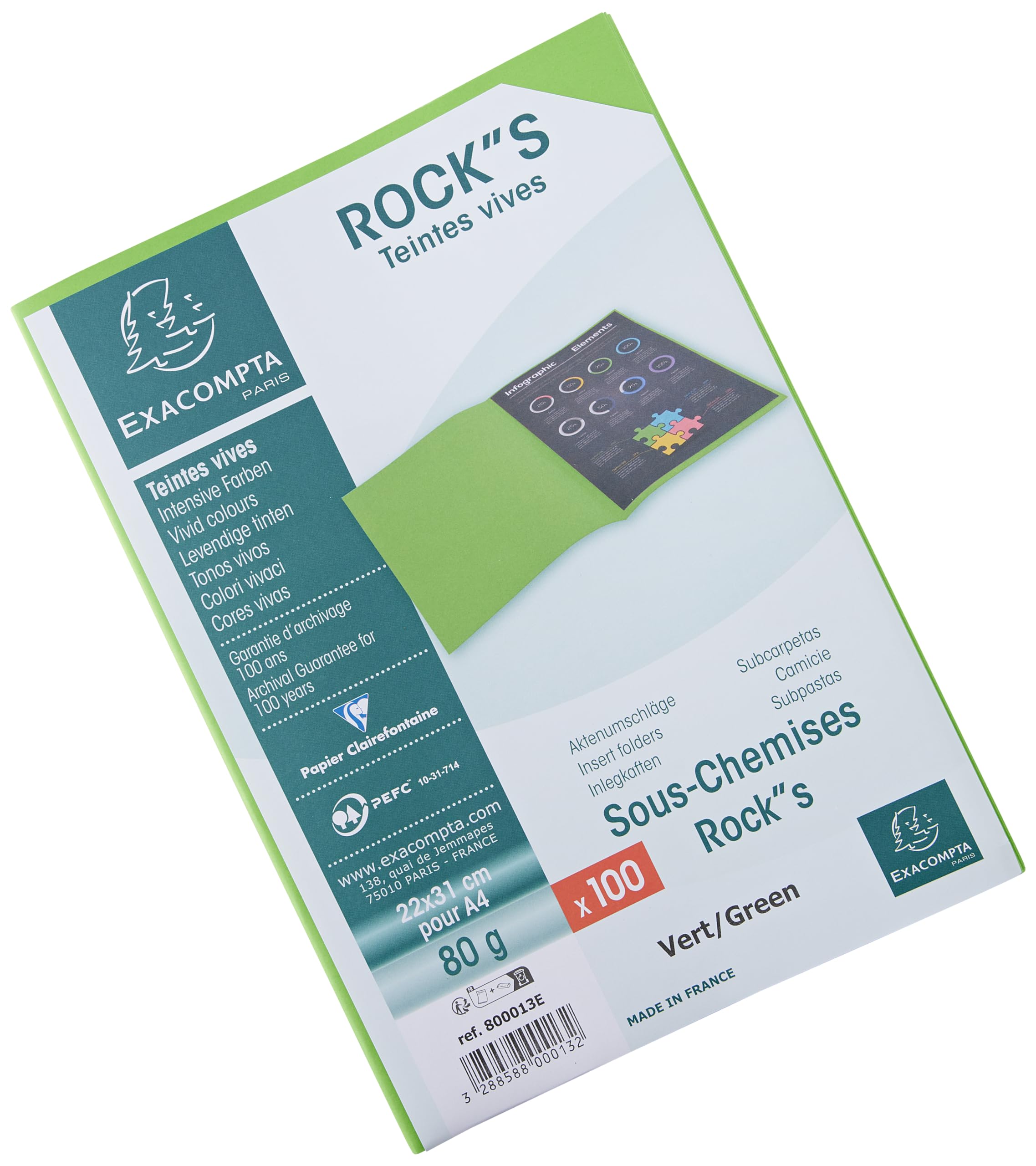 Exacompta - Ref 800013E - Rocks Square Cut Folder - 220 x 310mm in Size, Suitable for Holding A4 Documents, 80gsm Coloured Paper -Green Colour (Pack of 100)
