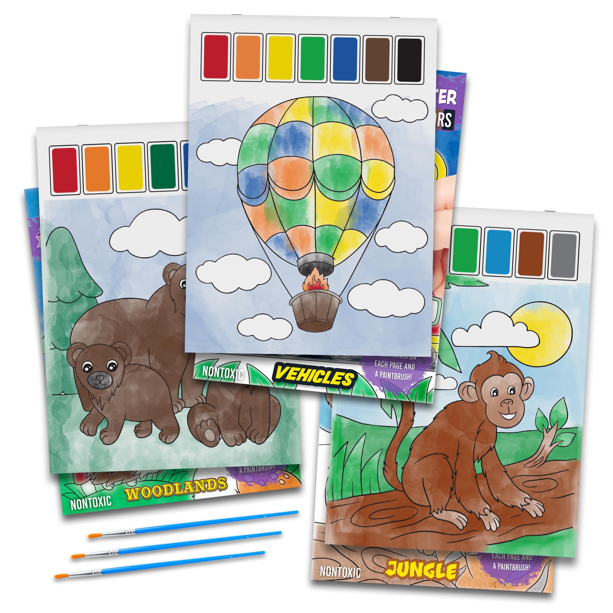 Paint with Water Books for Kids, 3 Pack | Watercolor Coloring Book Set for Toddler Activities | Spillproof Kids Paint Palettes on Each Page (Jungle, Vehicles, Woodland)