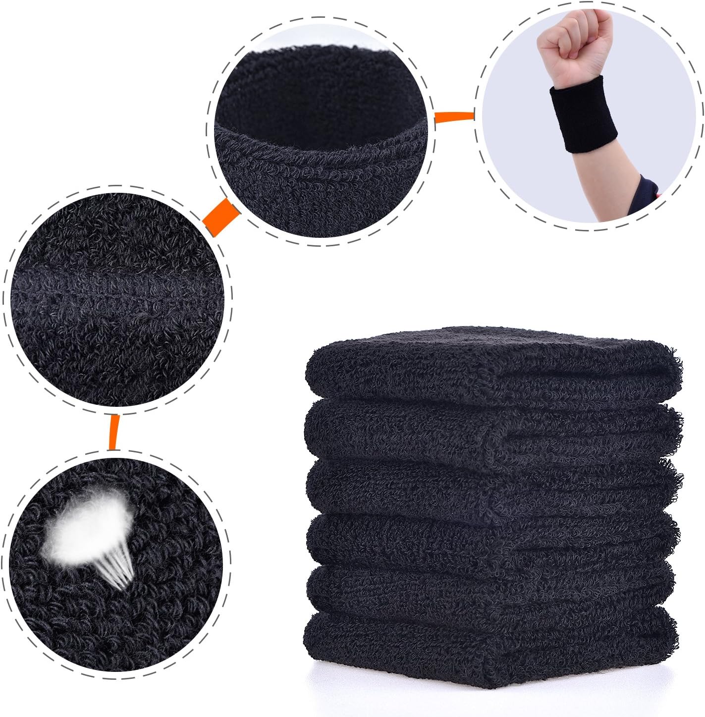 WILLBOND Sweatbands Wristbands for Football Basketball, Running Athletic Sports, Black, 6 Piece : Sports & Outdoors