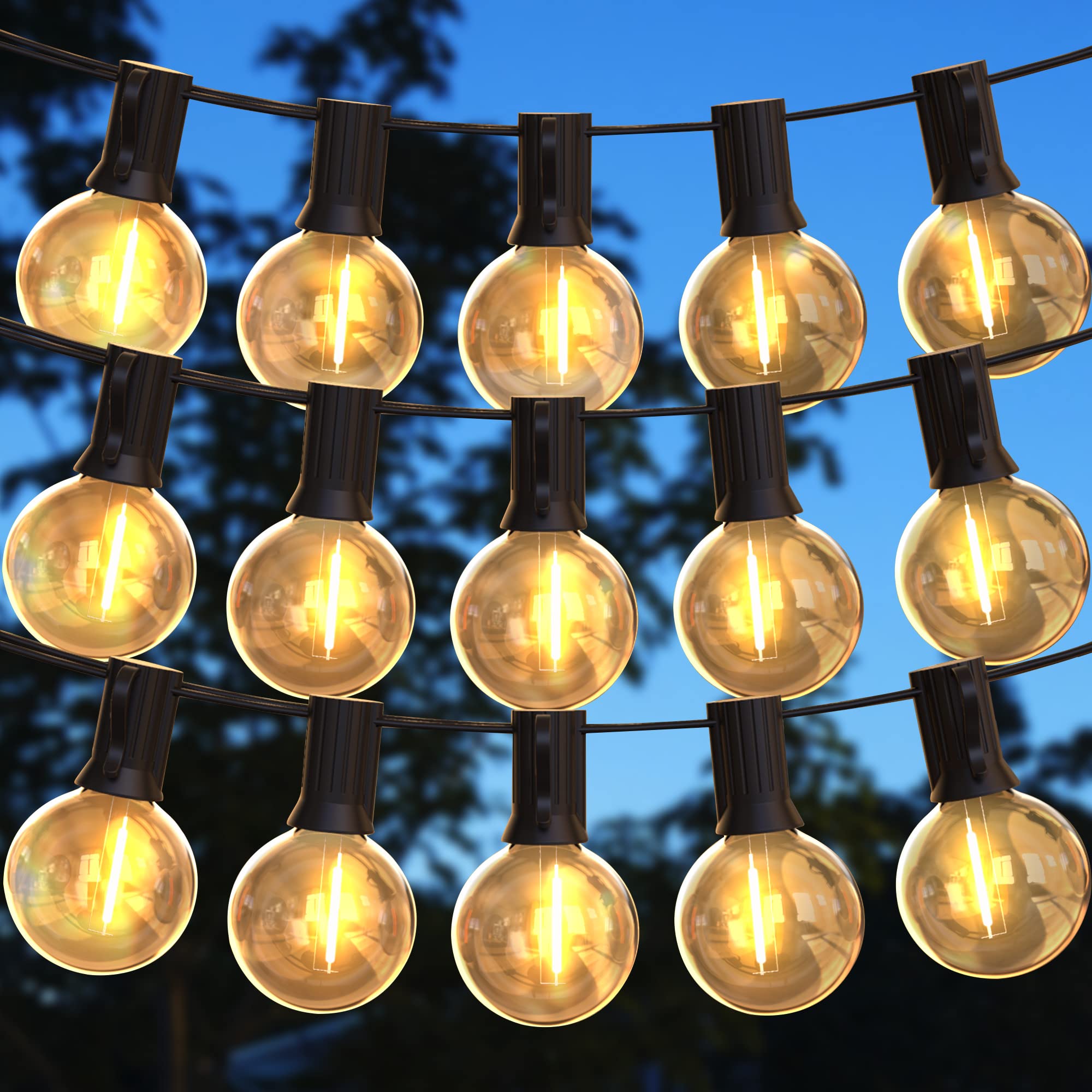 DSLebeen Festoon Lights 100ft LED String Lights Mains Powered with 50+2 Plastic G40 Globe Bulbs 2700K Connectable Decorative Lighting Hanging for Cafe, Party, Wedding, Holiday
