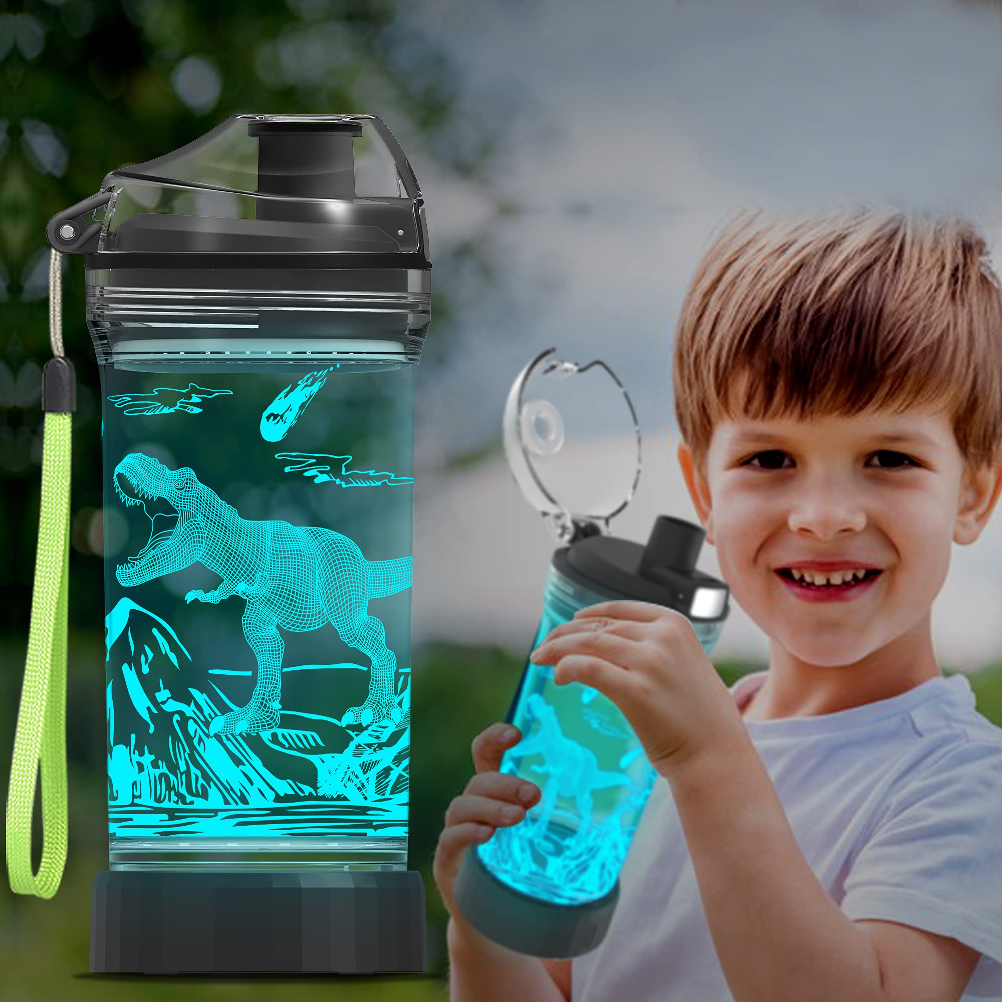 Ammonite Dinosaur Water Bottle, Velociraptor Water Cup for Kids with 3D Glowing LED Light 14 OZ Tritan BPA Free - Creative Ideal Travel Cup Jurassic Gift for School Kid Boy Holiday Camping Picnic