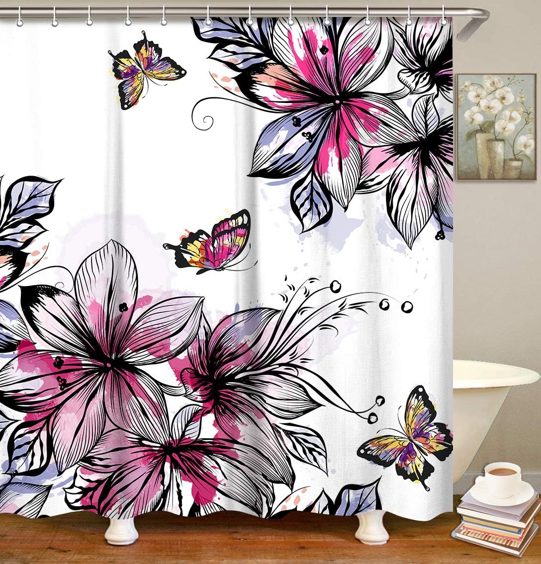 LIVILAN Floral Butterfly Shower Curtain Set with 12 Hooks, Fabric Bath Curtain Home