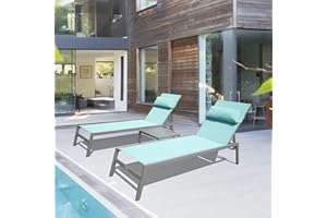 DOMI OUTDOOR LIVING Domi Outdoor Lounge Chairs Set of 3, Upgraded Aluminum Chaise Lounge Chair W/ 5 Adjustable Positions, Patio Lounge Chair for Pool, Deck, Lawn, 2 Pool Chairs and 1 Side Table, Blue Seafoam