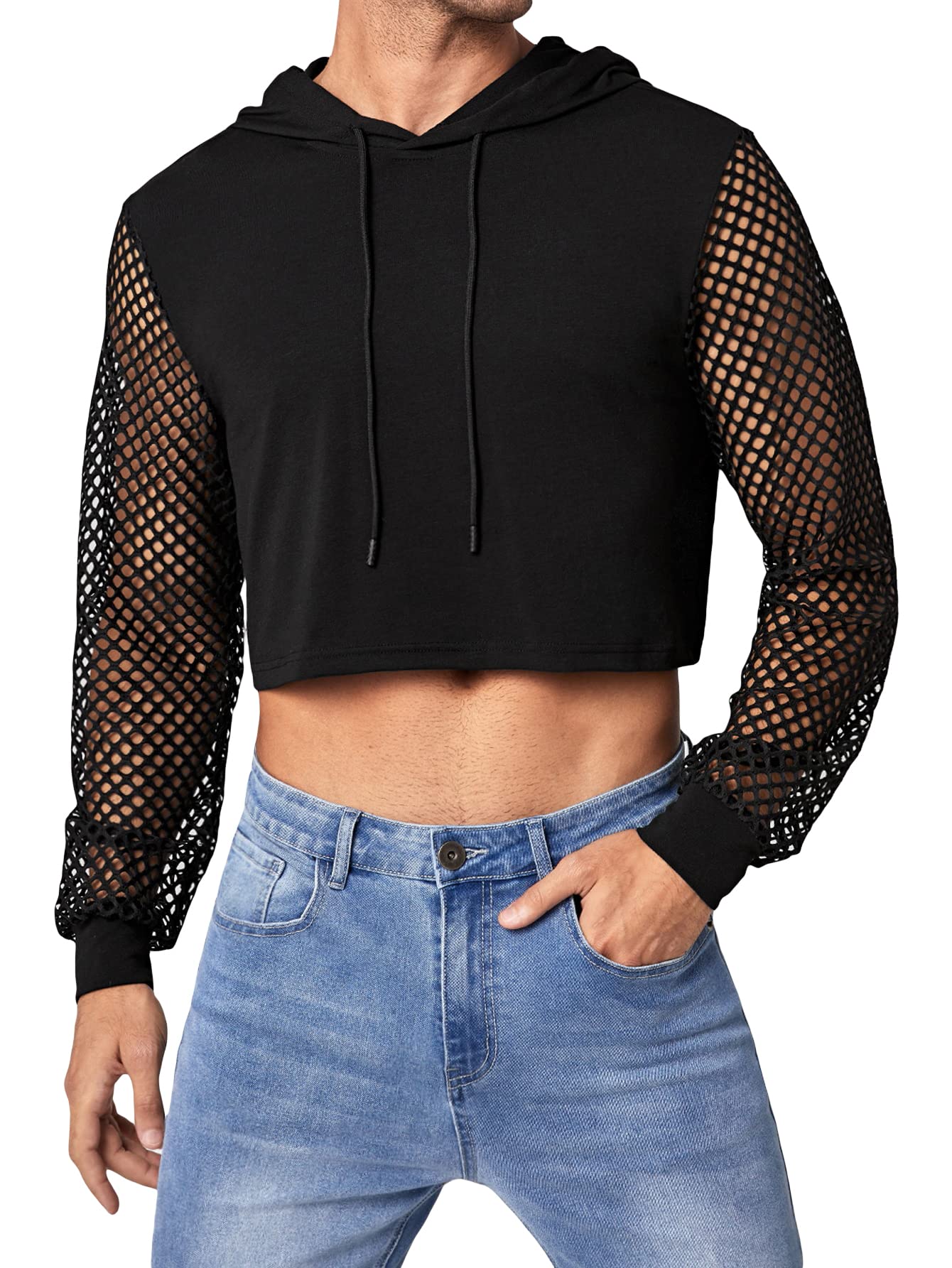 Photo 1 of WDIRARA Men's Fishnet Mesh Long Sleeve Drawstring Crop Hoodie Sweatshirt Pullover Black XL