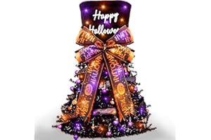 HECELTT Halloween Tree Topper Hat with 9.8FT 30LED Purple and Orange Fairy Lights, Black Velvet Hat with Handmade Bow for Halloween Christmas Tree Topper Decor