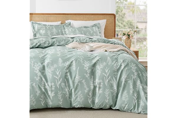 MUXHOMO Duvet Cover Queen Size, Reversible Floral Green Duvet Cover Set with Zipper Closure, 3 Pieces Botanical Patterns Soft