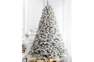INSTREE CHRISTMAS 7.5FT Pre-lit Snow Flocked Christmas Tree Spruce with Remote Control, 600 Warm White Multi-Color Lights, Artificial Hinged/Feel Real/Realistic for Home, Holiday Decoration Dual Color LED