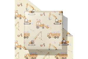 SaringSwoon Construction Easter Wrapping Paper for Boys Girls Kids- Gift Wrap With Trucks, Bulldozer with Bunny Ears，Bunnies, Carrot and Eggs for Holiday, Baby Shower - 28x40 Inches, 4 Folded Sheets