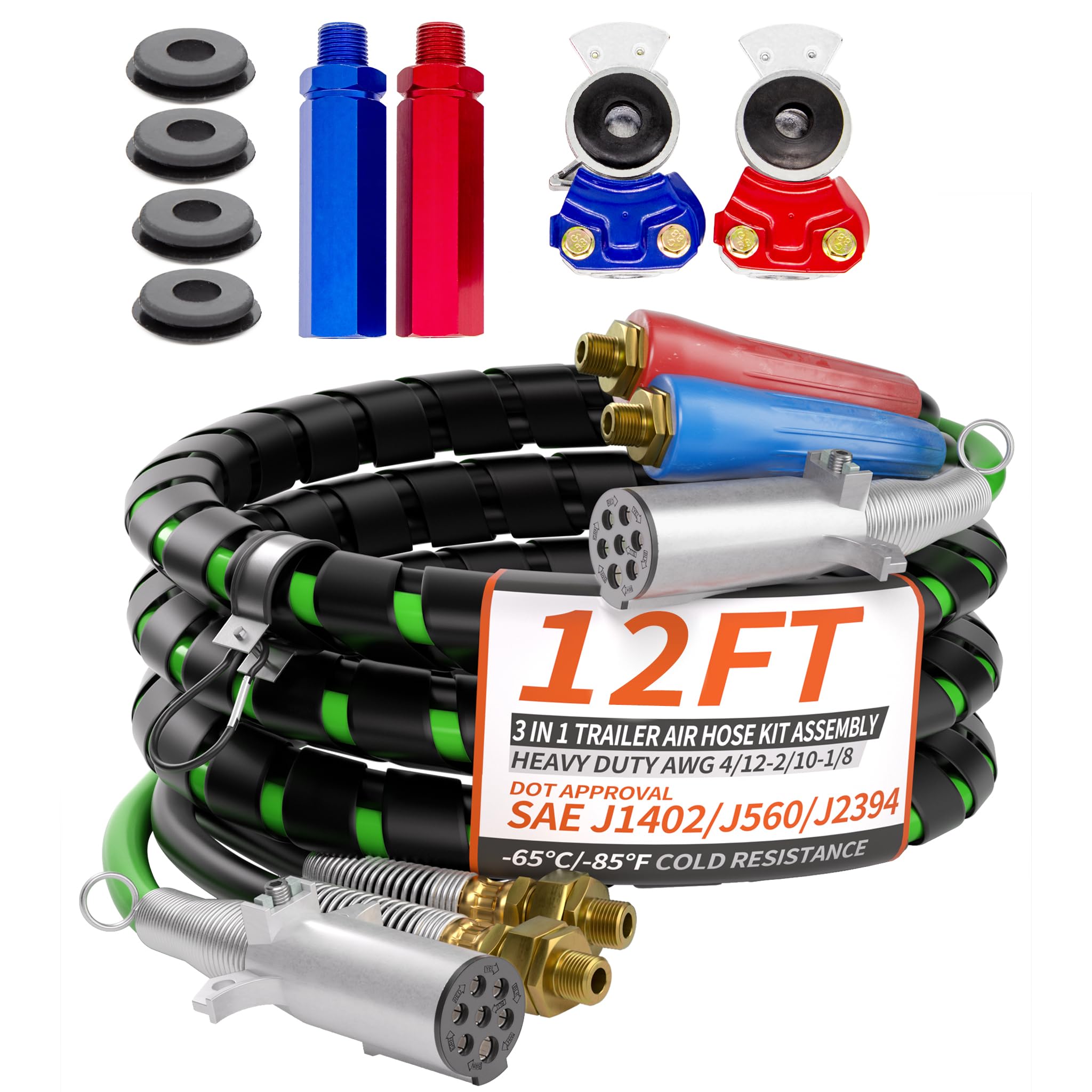 Photo 1 of PlugSaf 12FT 3 in 1 Trailer Air Line Hose Kit Assembly with Gladhands, Handles, Seals, 7 Way ABS Electrical Power Cable Airline Hose Wrap for Semi Trucks Trailer Tractor