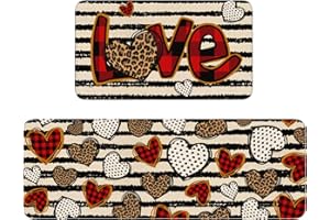 XSINUFN Valentines Day Kitchen Mat Set 2 Piece,Buffalo Plaid Polka Dot Leopard Love Heart Decorative Kitchen Rugs,Valentine’s Day Black Stripe Wedding Low-Profile Mats for Home Kitchen Decor 17"x48"+17"x30"