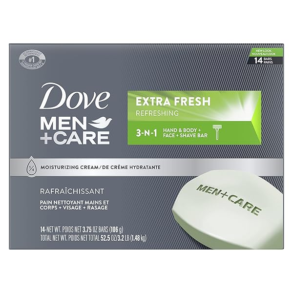 DOVE MEN + CARE BAR 3 IN 1 CLEANSER FOR BODY, FACE, AND SHAVING TO CLEAN AND HYDRATE SKIN EXTRA FRESH BODY AND FACIAL CLEANSER MORE MOISTURIZING THAN BAR SOAP 3.75 OZ, 14 COUNT (PACK OF 1)
