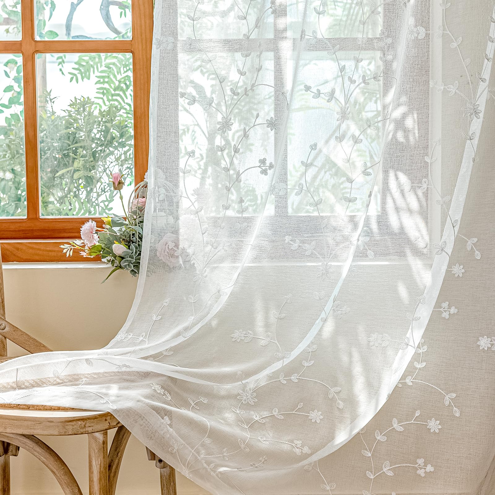 AmHoo 2 Panels Leaf Flora Embroidered Farmhouse Semi Sheer Curtain Voile Curtains for Living Room Bedroom Window Treatment White 53 x 84 Inch