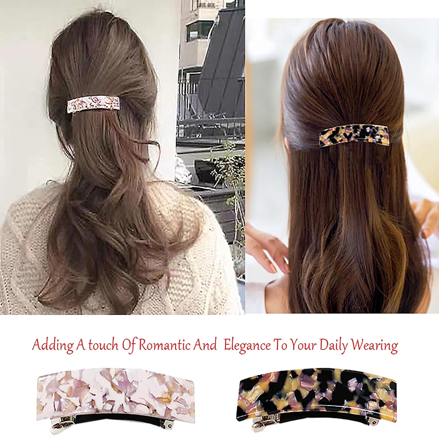 Sevendoo French Hair Barrettes Romantic Retro Marbling Hair Clip Medium Rectangular Automatic Hair Pins for Women Girl Lady 4 Pack : Beauty